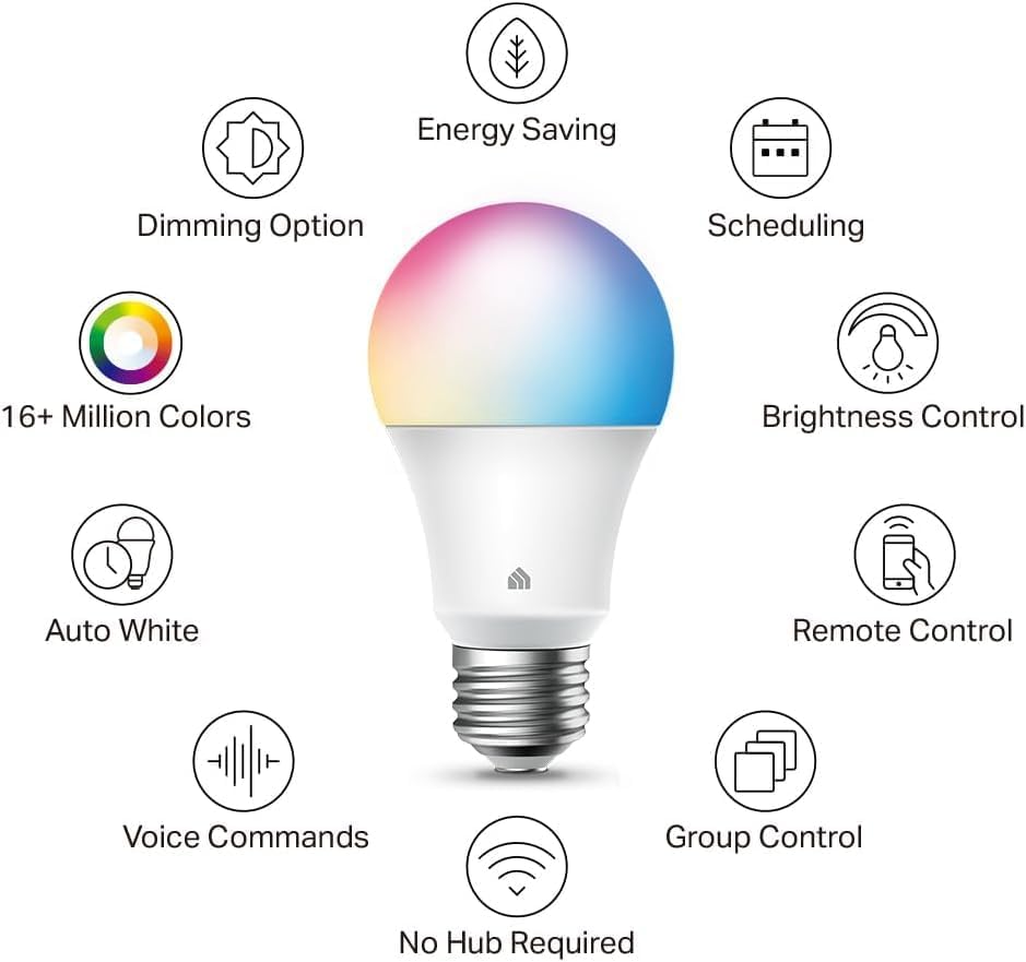Kasa Smart Light Bulbs, Full Colour Changing Dimmable Smart WiFi Bulbs Compatible with Alexa and Google Home, A19, 9W 800 Lumens,2.4Ghz only, No Hub Required, 2-Pack (KL125P2), Multicolour
