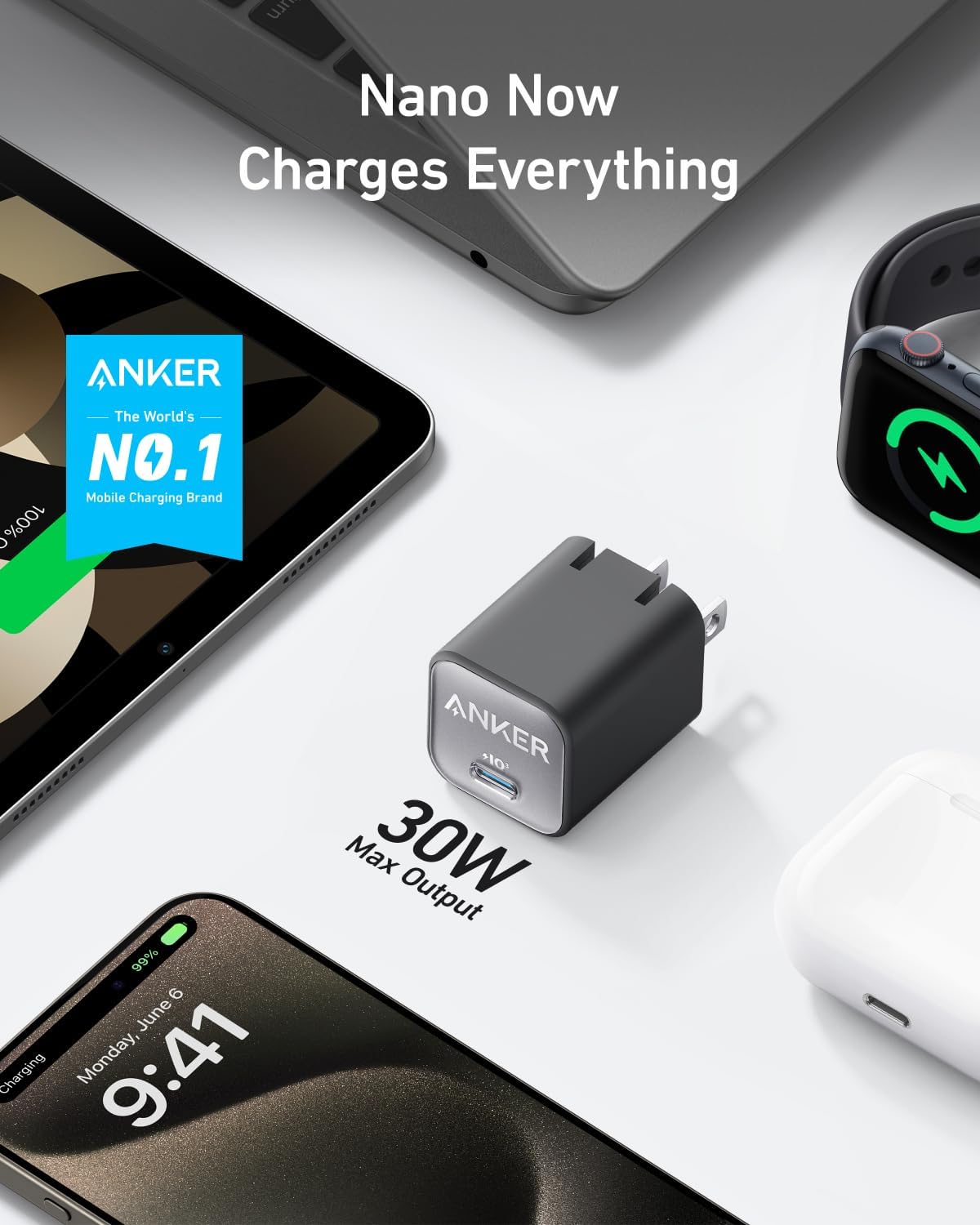 Anker USB C GaN Charger 30W, 511 (Nano 3), PIQ 3.0 Foldable PPS Fast Charger, Nano 3 for iPhone 14/14 Pro/14 Pro Max/13 Pro/13 Max, Galaxy, iPad (Cable Not Included) - Phantom Black (A2147)