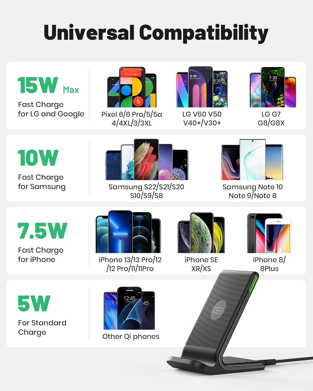 INIU Wireless Charger, 15W Qi Certified Fast Wireless Charging Stand with Sleep-Friendly Adaptive Light for iPhone 17 16 15 14 13 12 Pro Max Plus Samsung Galaxy S23 S22 Ultra S21 Note 20 Google etc