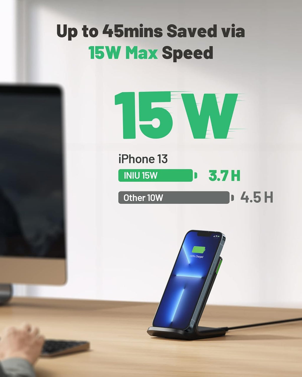 INIU Wireless Charger, 15W Qi Certified Fast Wireless Charging Stand with Sleep-Friendly Adaptive Light for iPhone 17 16 15 14 13 12 Pro Max Plus Samsung Galaxy S23 S22 Ultra S21 Note 20 Google etc