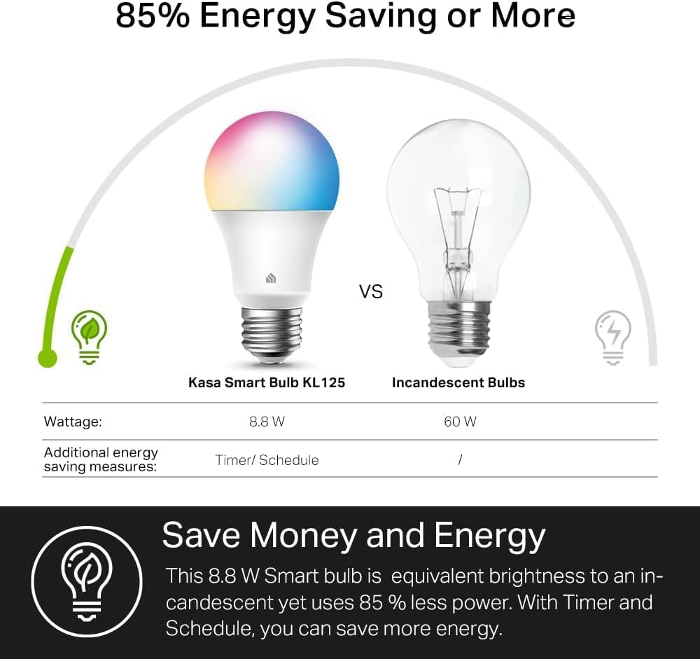Kasa Smart Light Bulbs, Full Colour Changing Dimmable Smart WiFi Bulbs Compatible with Alexa and Google Home, A19, 9W 800 Lumens,2.4Ghz only, No Hub Required, 2-Pack (KL125P2), Multicolour